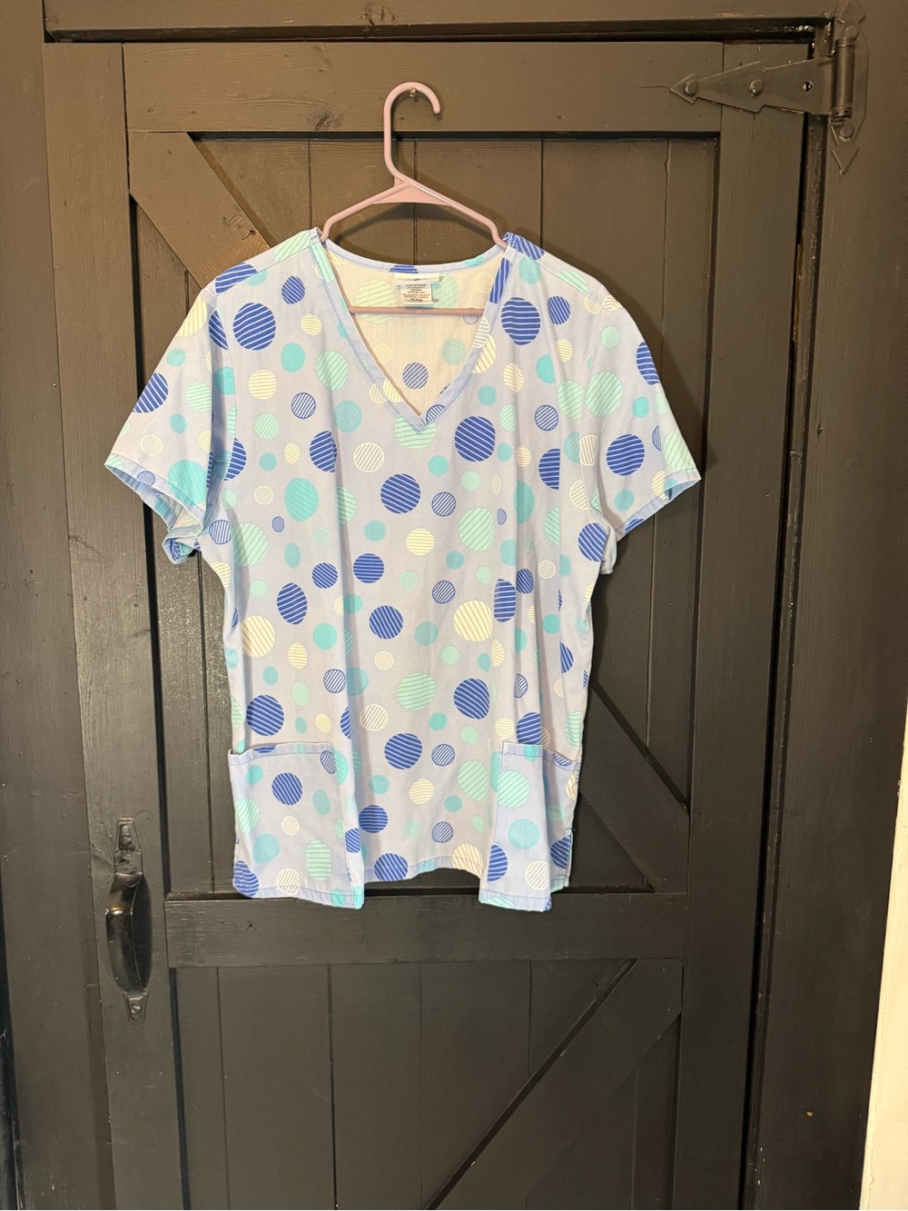 SB Scrubs Light Blue V-Neck Short Sleeve Scrub Top with Mint and Navy Polka Dots